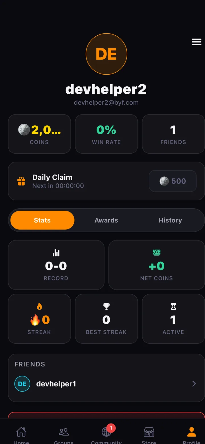 Virtual coins screen in the BYF app