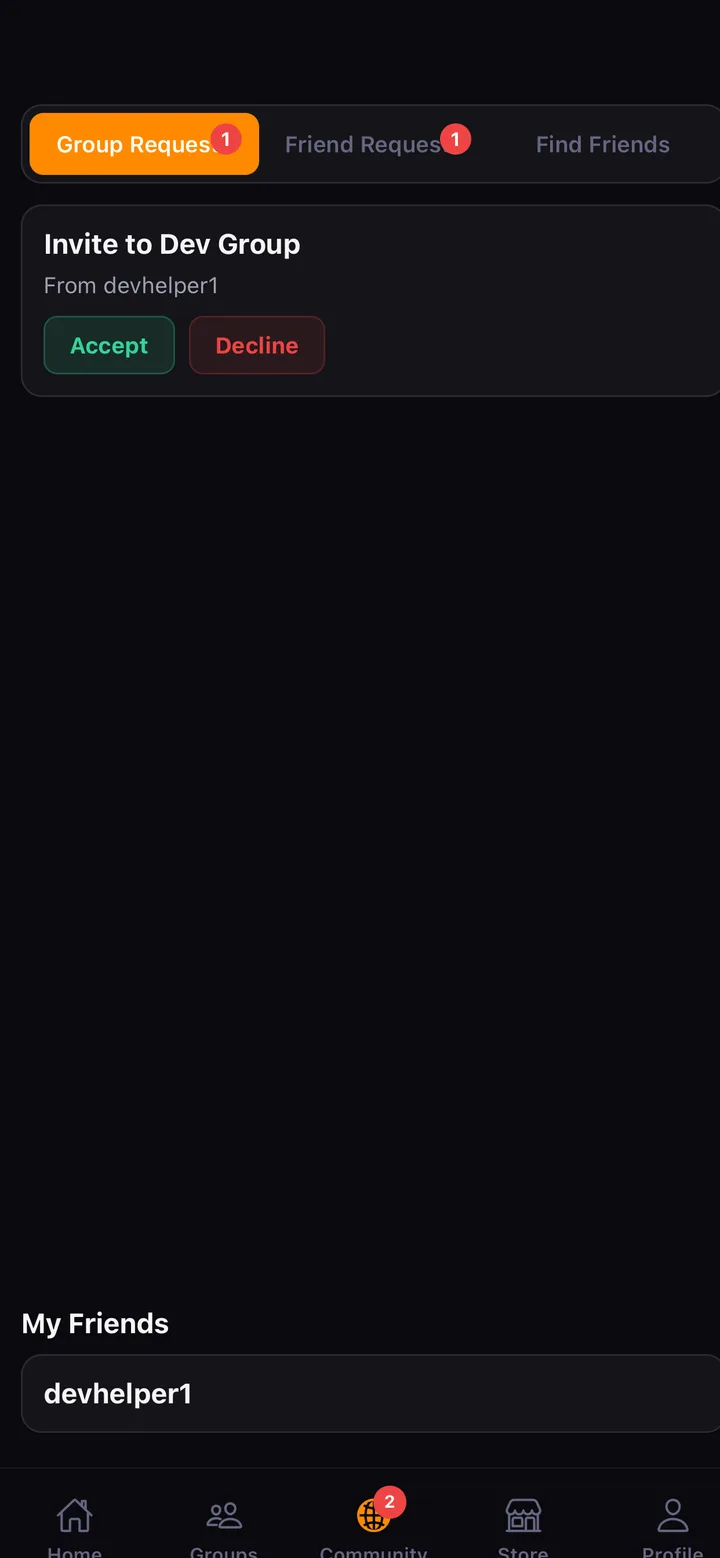 Friend groups screen in the BYF app